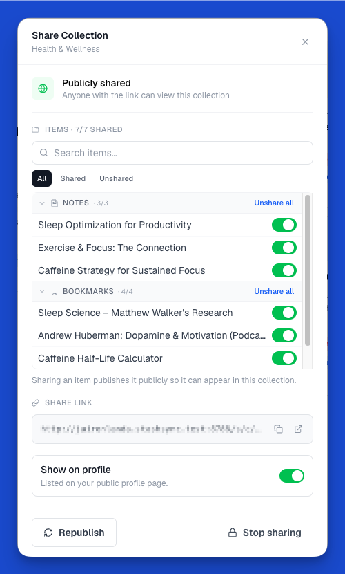 Share Collection dialog with per-item toggles and share link