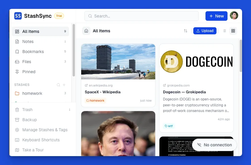 StashSync working offline and syncing notes, bookmarks, and files across devices when back online