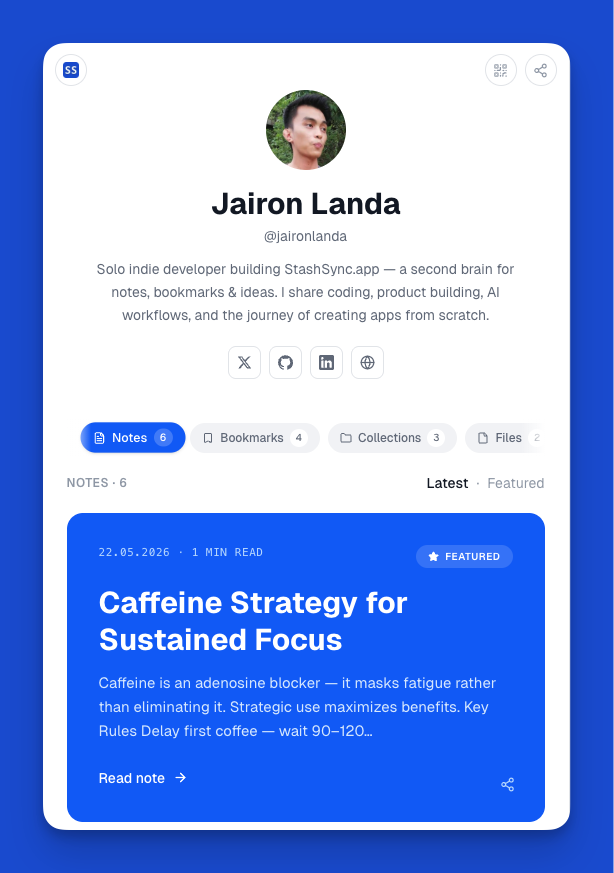 StashSync Public Profile example — Jairon Landa at jairon.stashsync.app